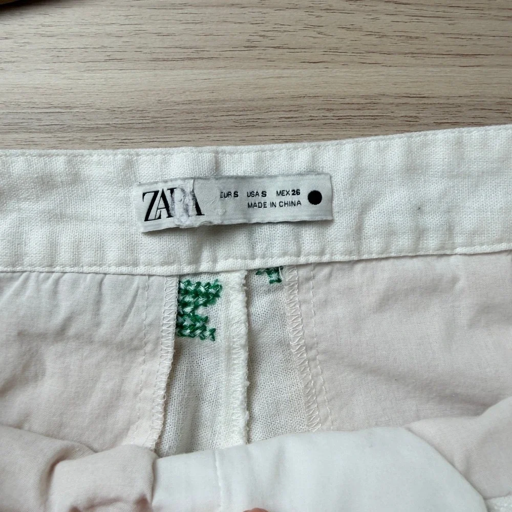 Zara Embroidered Linen Blend Straight Leg Pants White Green Small